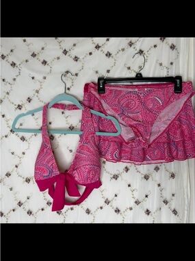 Pink Paisley Tie-Front Bandeau Swim Top with Matching Skirt